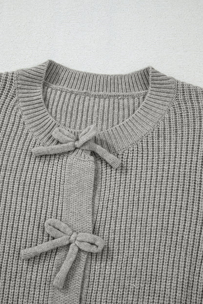 Ribbed Knit Bow Front Buttoned Cardigan | Philippine Gray