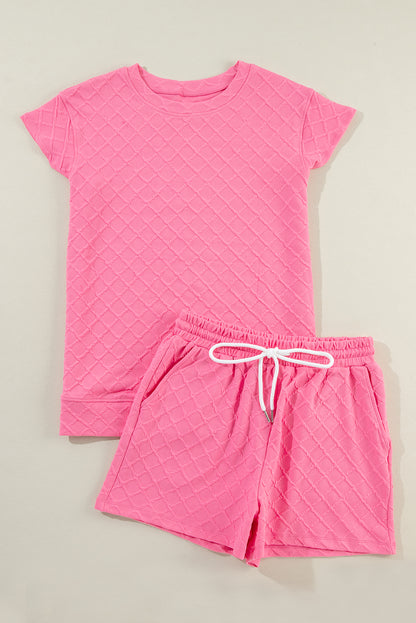 Checkered Textured Tee And Drawstring Shorts | Sachet Pink