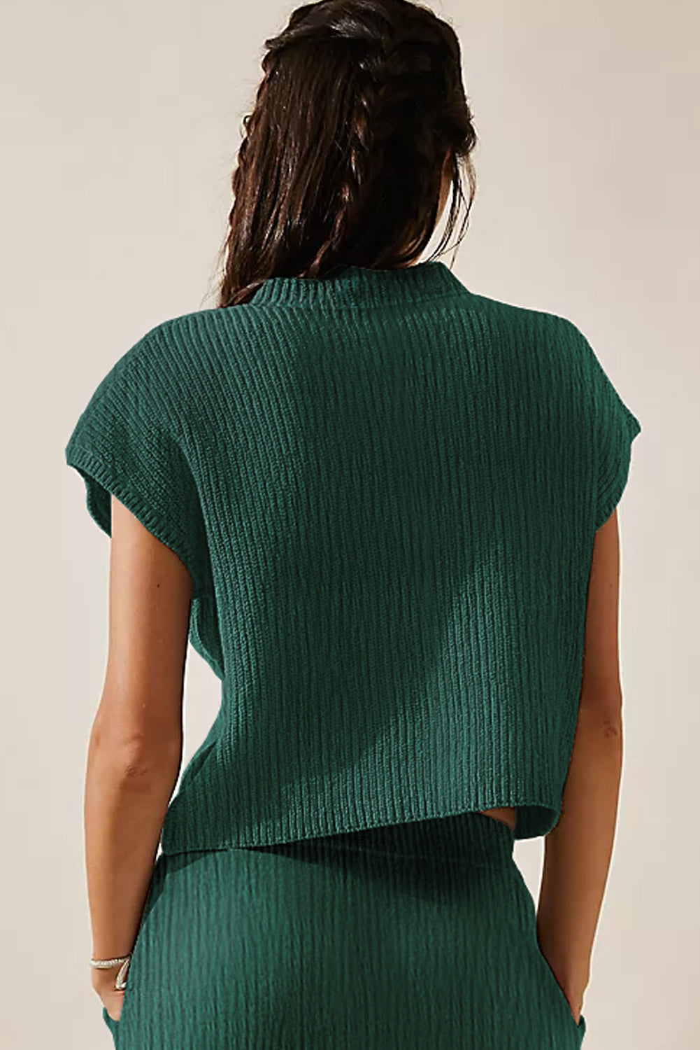 Chest Pocket V Neck Ribbed Cap Sleeve Sweater | Blackish Green