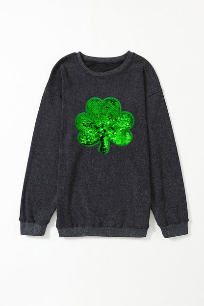 Sequin Embroidered Clover Corded Sweatshirt | Black