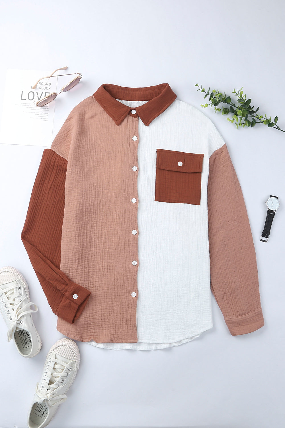 Colour Block Textured Long Sleeve Shirt With Pocket | Brown