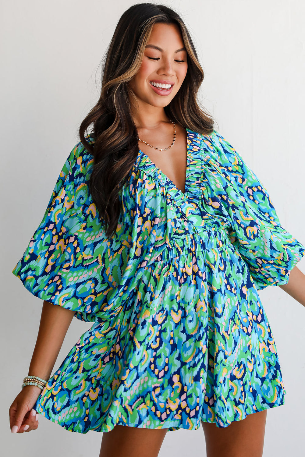 Abstract Print Puff Sleeve V Neck High Waist Romper | Green