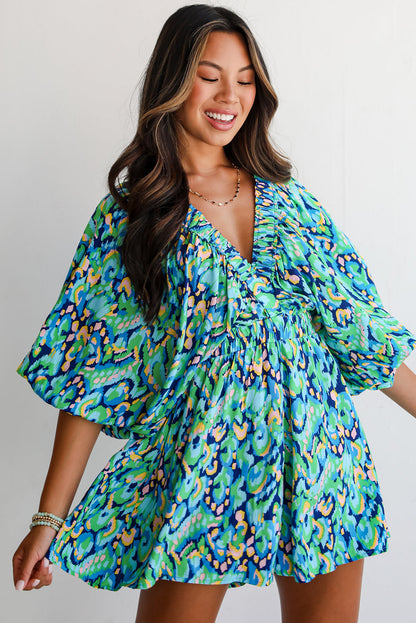 Abstract Print Puff Sleeve V Neck High Waist Romper | Green