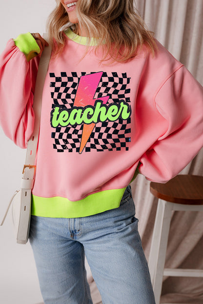 Teacher Lightning Checkered Print Colour Block Sweatshirt | Pink