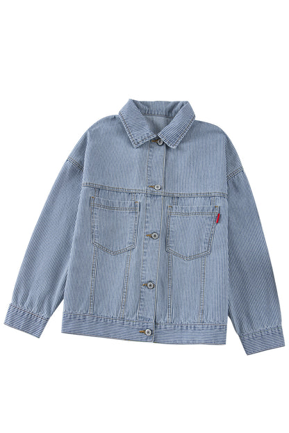 Washed Oversize Pocketed Denim Jacket | Sky Blue Stripe