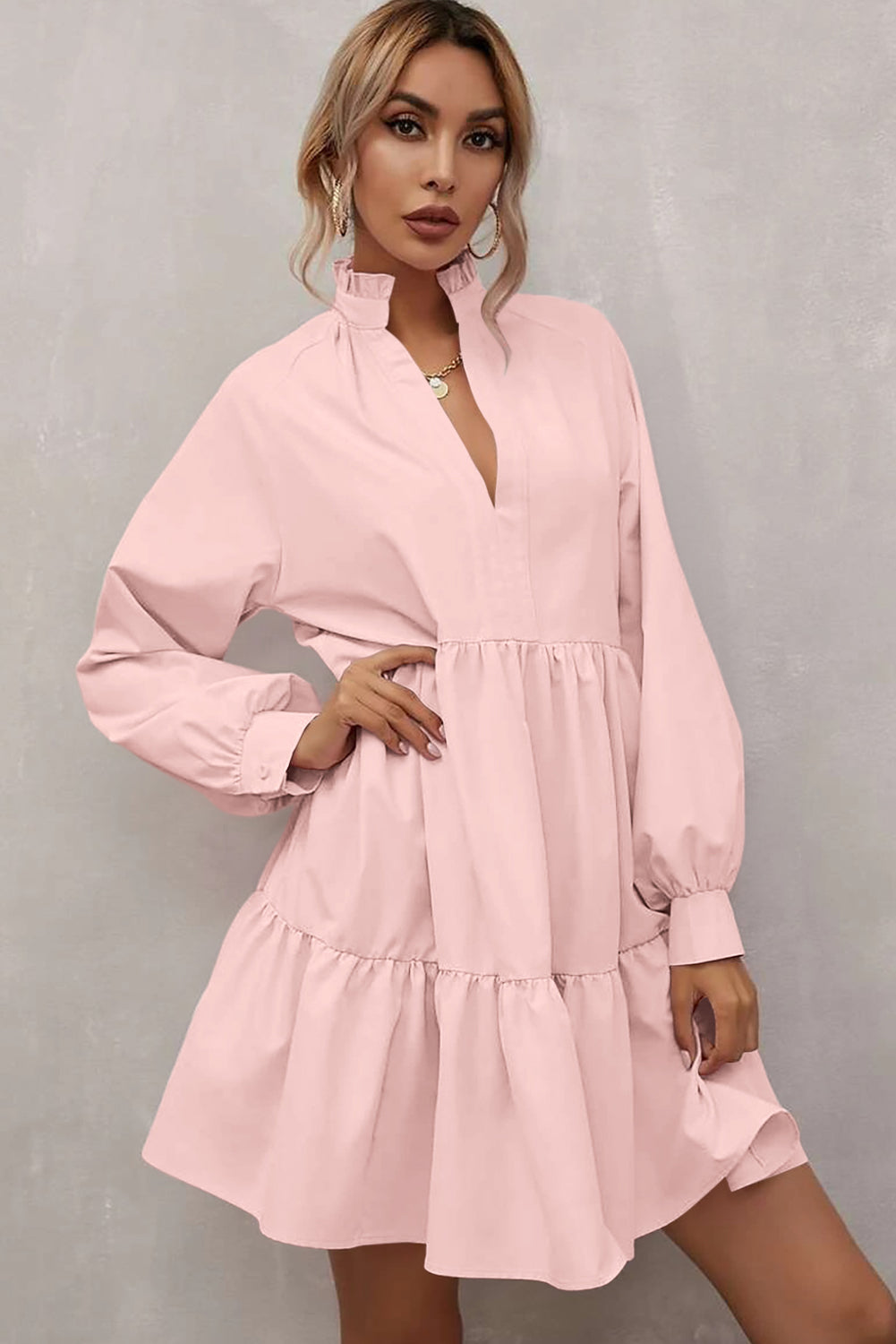 Frilled Stand Collar Long Sleeve Ruffle Dress | Pink