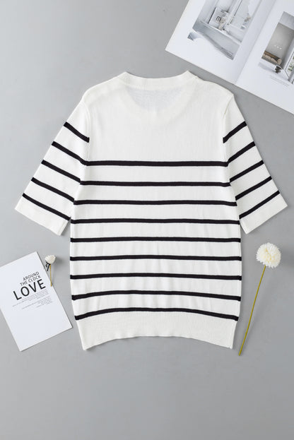 Striped Half Sleeve Knitted Tee | White Stripe