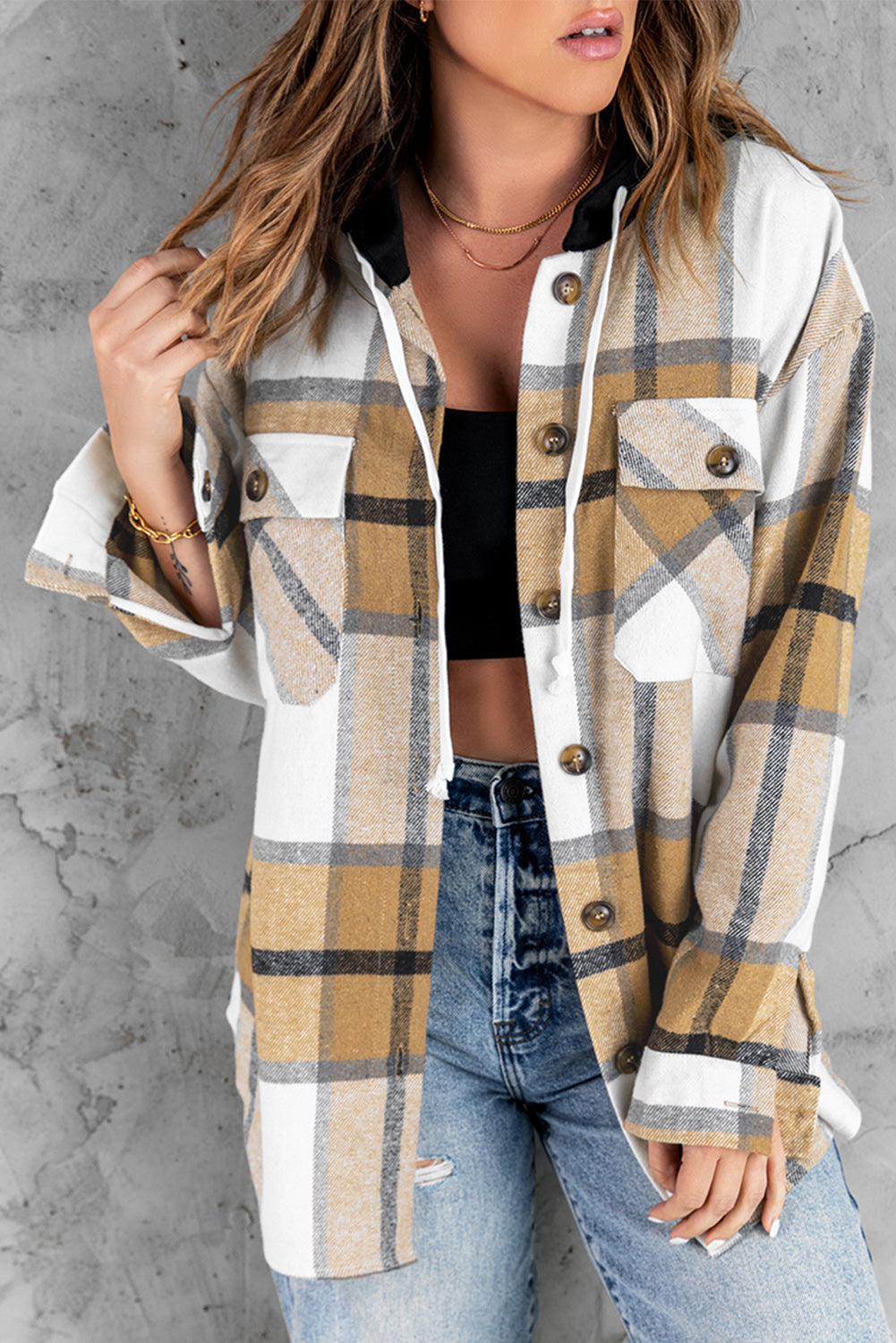 Plaid Button-up Pocket Hooded Shirt Jacket