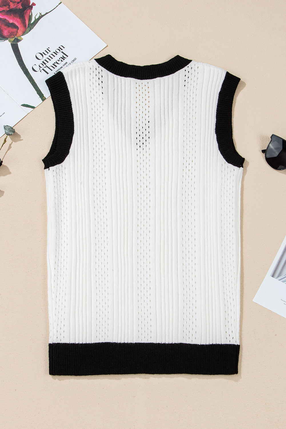 Contrast Trim Eyelet Knit Colourblock V Neck Sweater Vest | White