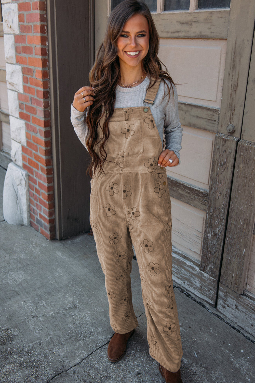 Flower Print Corduroy Overalls | Khaki