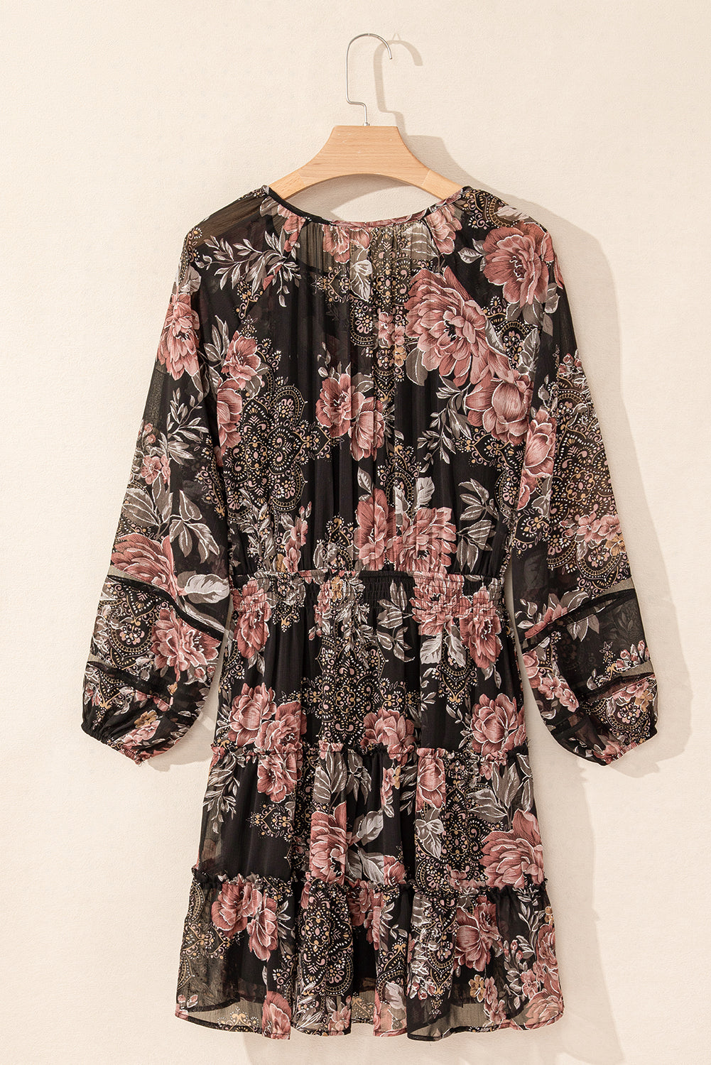 Vintage Floral Puff Sleeve V Neck Smock Waist Dress | Black