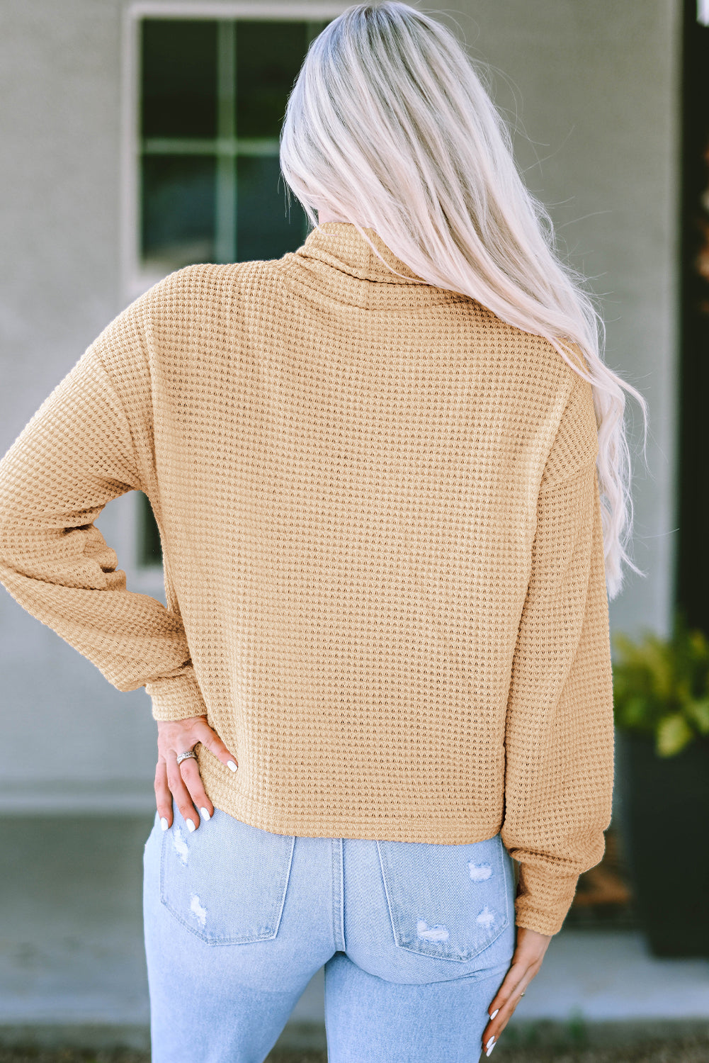 Solid Waffle Knit Turtleneck Long Sleeve Top | Apricot