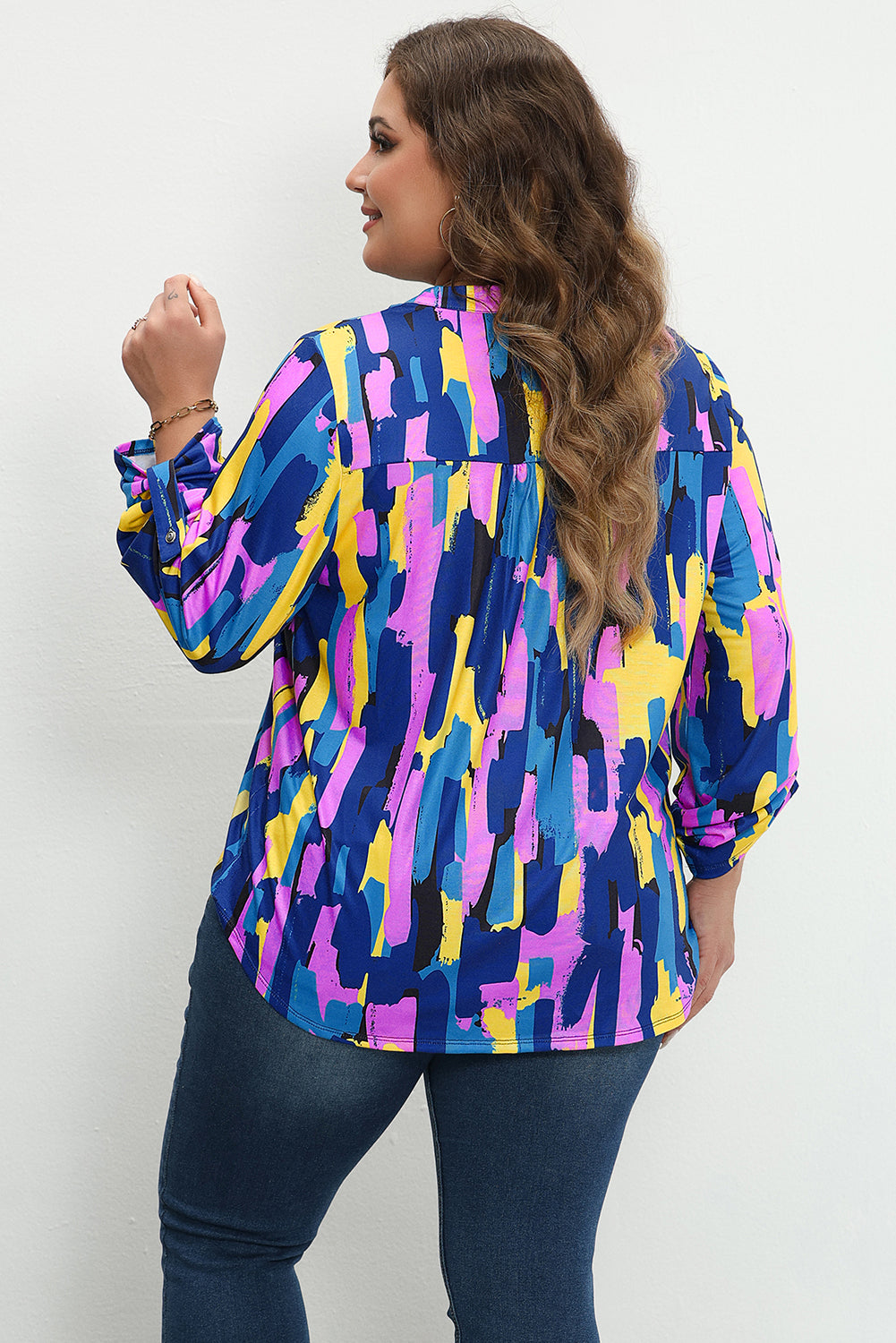 Plus Size Brushstroke Print 3/4 Sleeve Blouse | Blue