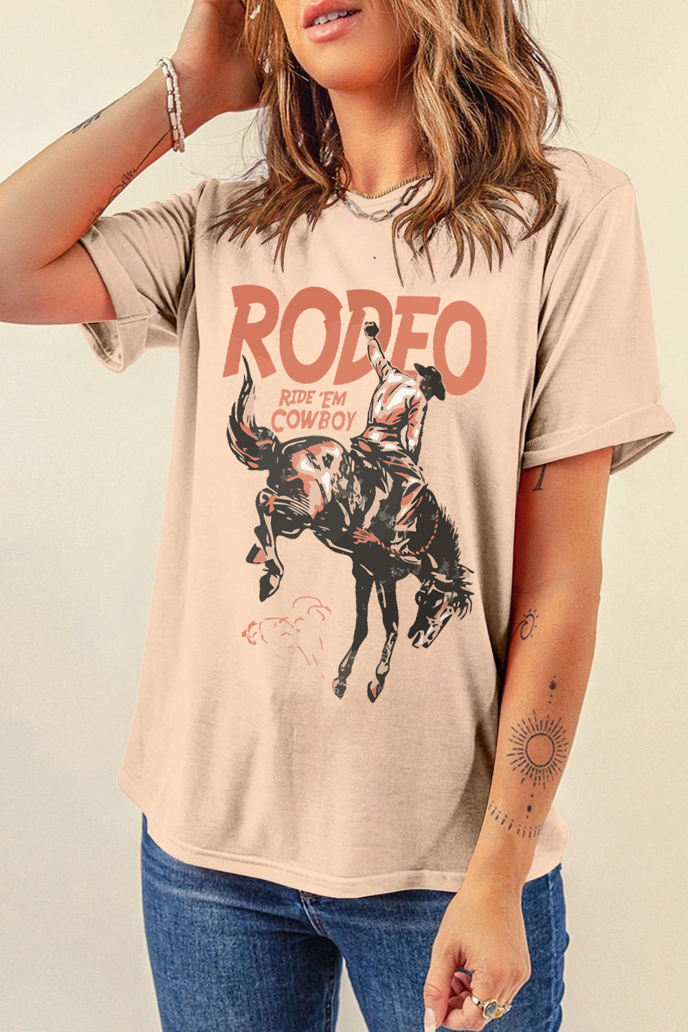 Rodeo Cowboy Graphic Crewneck T Shirt | Khaki