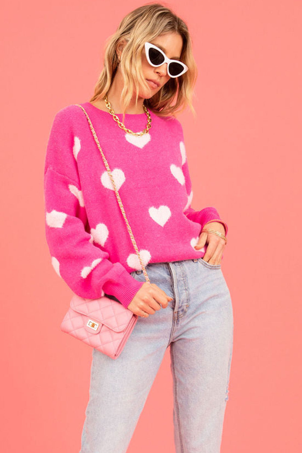 Fuzzy Valentine Hearts Drop Shoulder Sweater | Bright Pink