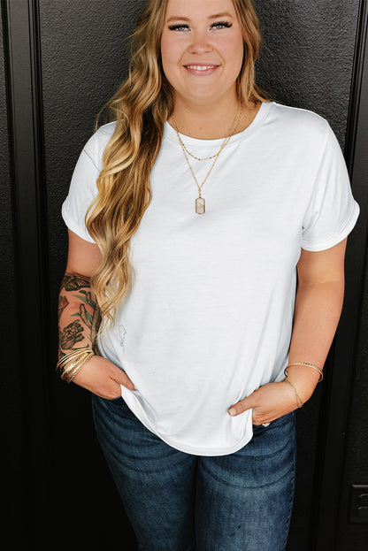 Round Neck Rolled Sleeve Plus Size T-Shirt | White