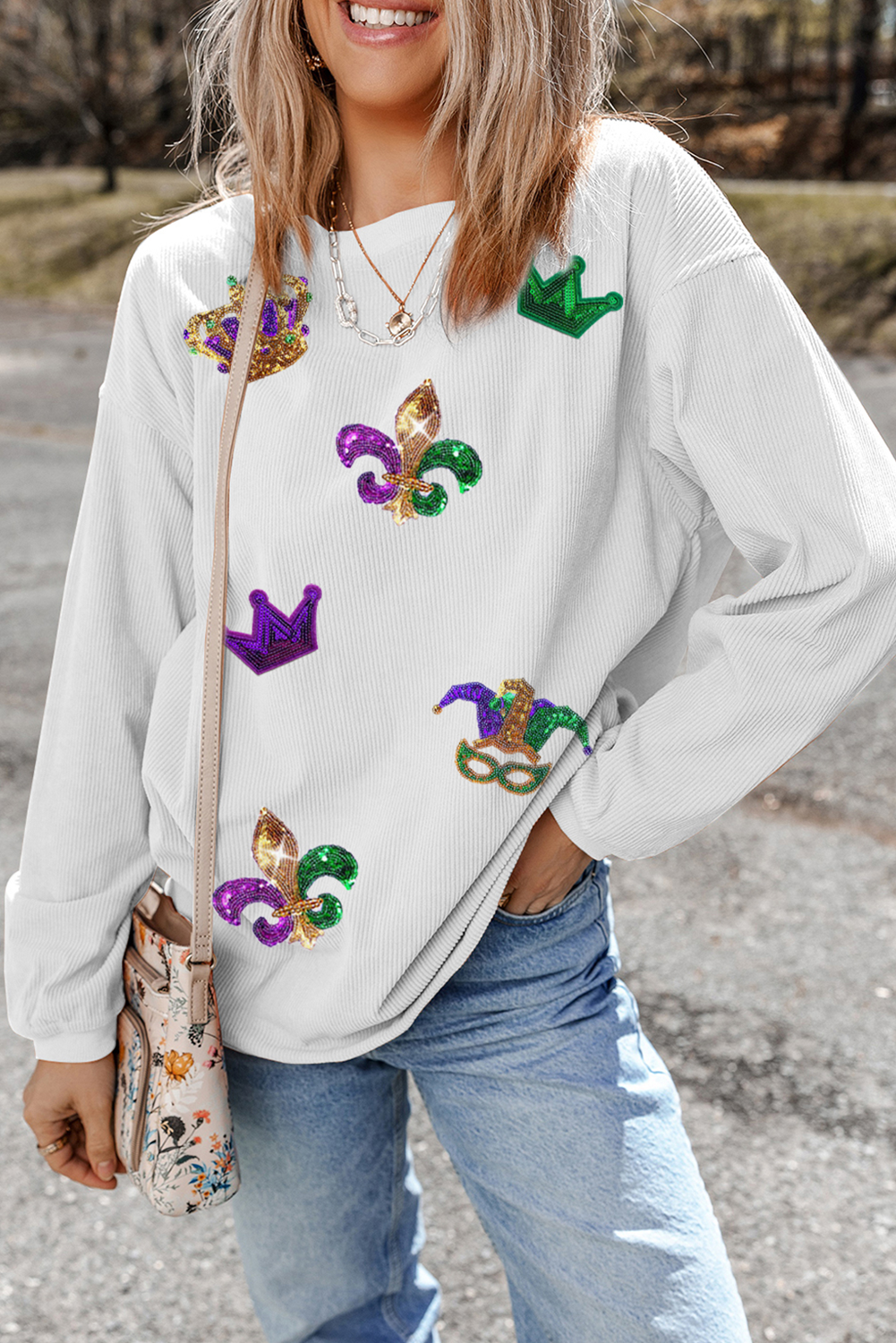 Sequin Mardi Gras Symbol Crown Mask Patched Corded Sweatshirt | White