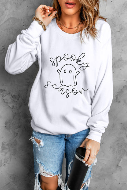 Cute Ghost Spooky Season Graphic Halloween Sweatshirt | Beige