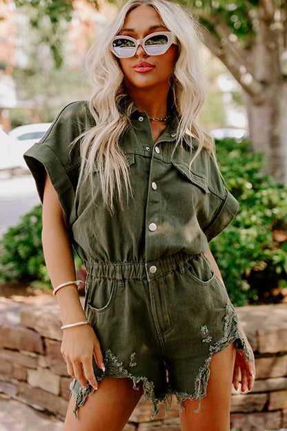 Distressed Frayed Denim Romper | Moss Green