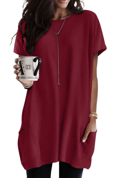 Side Pockets Short Sleeve Tunic Top | Red