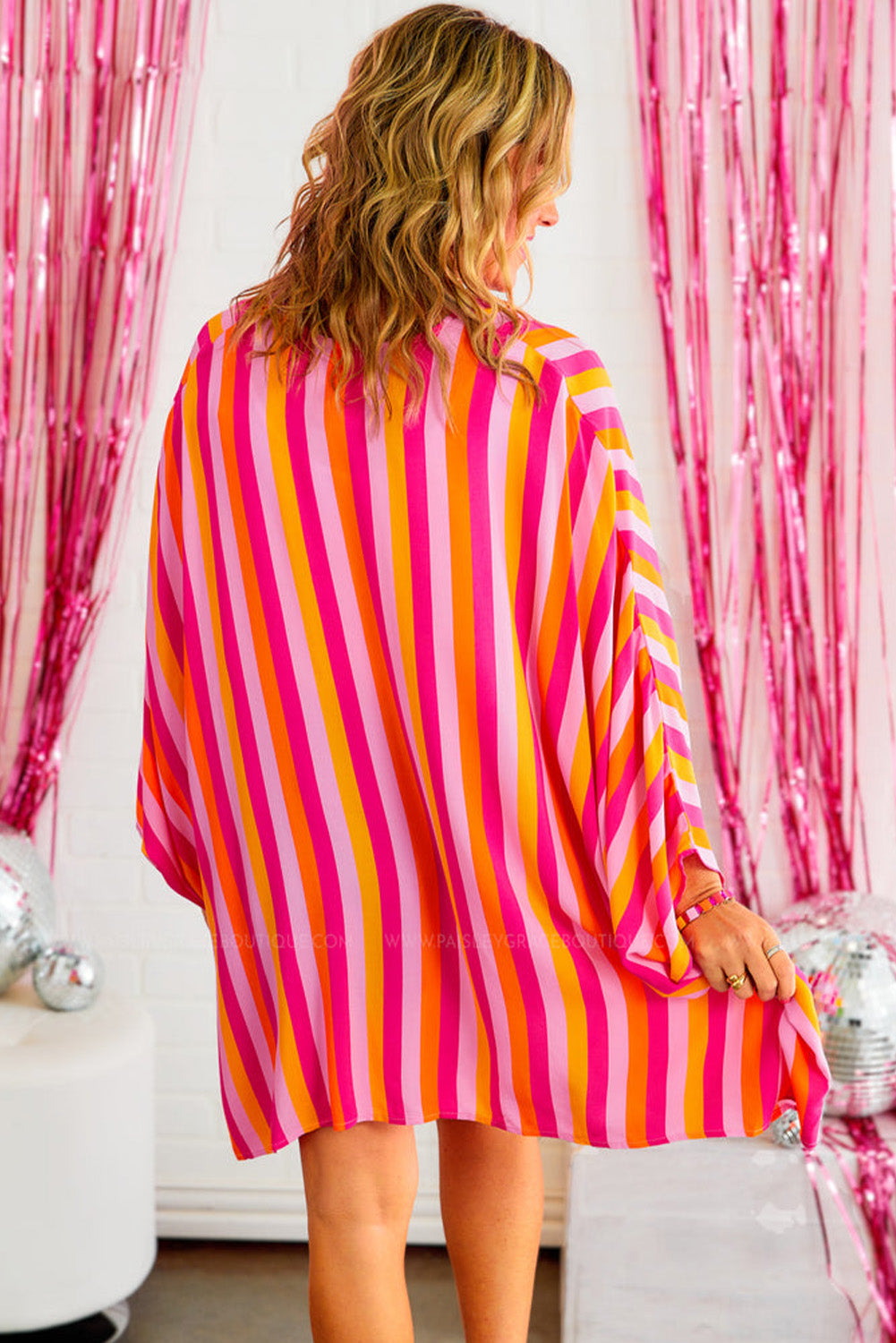 Wide Sleeve Open Front Kimono | Rose Stripe