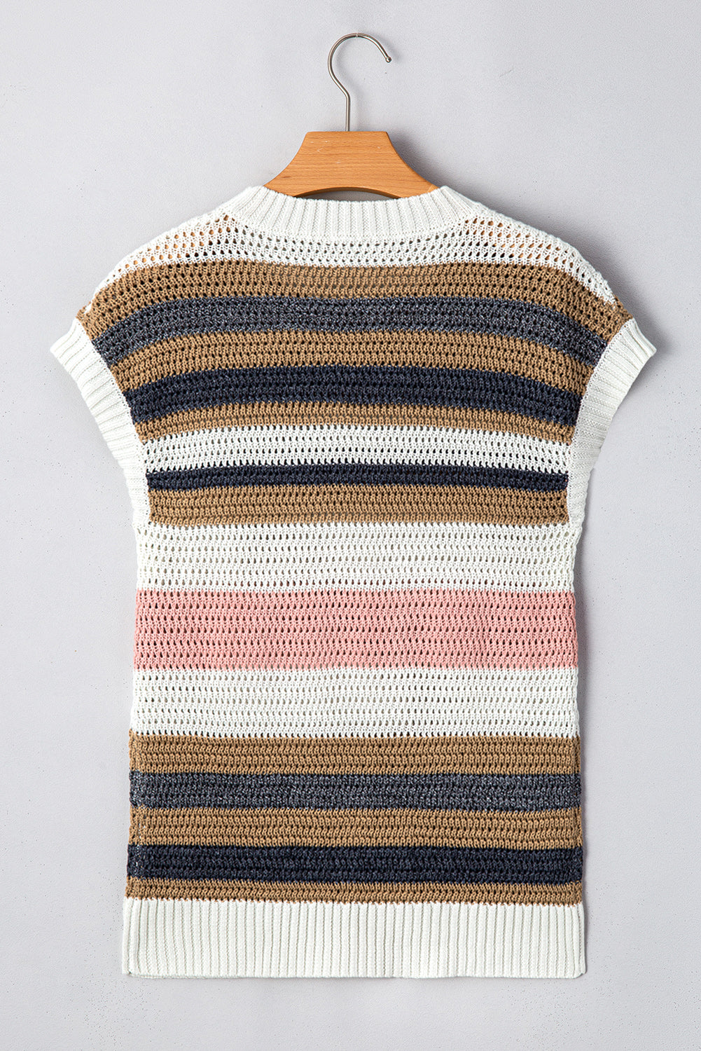 Colour Block Eyelet Knit Short Sleeve Sweater Tee | Pink Stripe