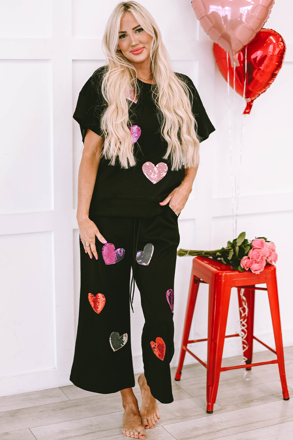 Sequin Heart Popping Graphic Textured 2Pcs Outfit | Black