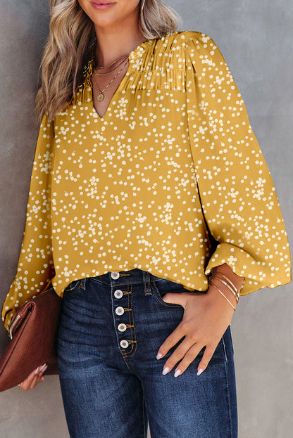 Split Neck Fall Printed Crinkled Blouse | Yellow