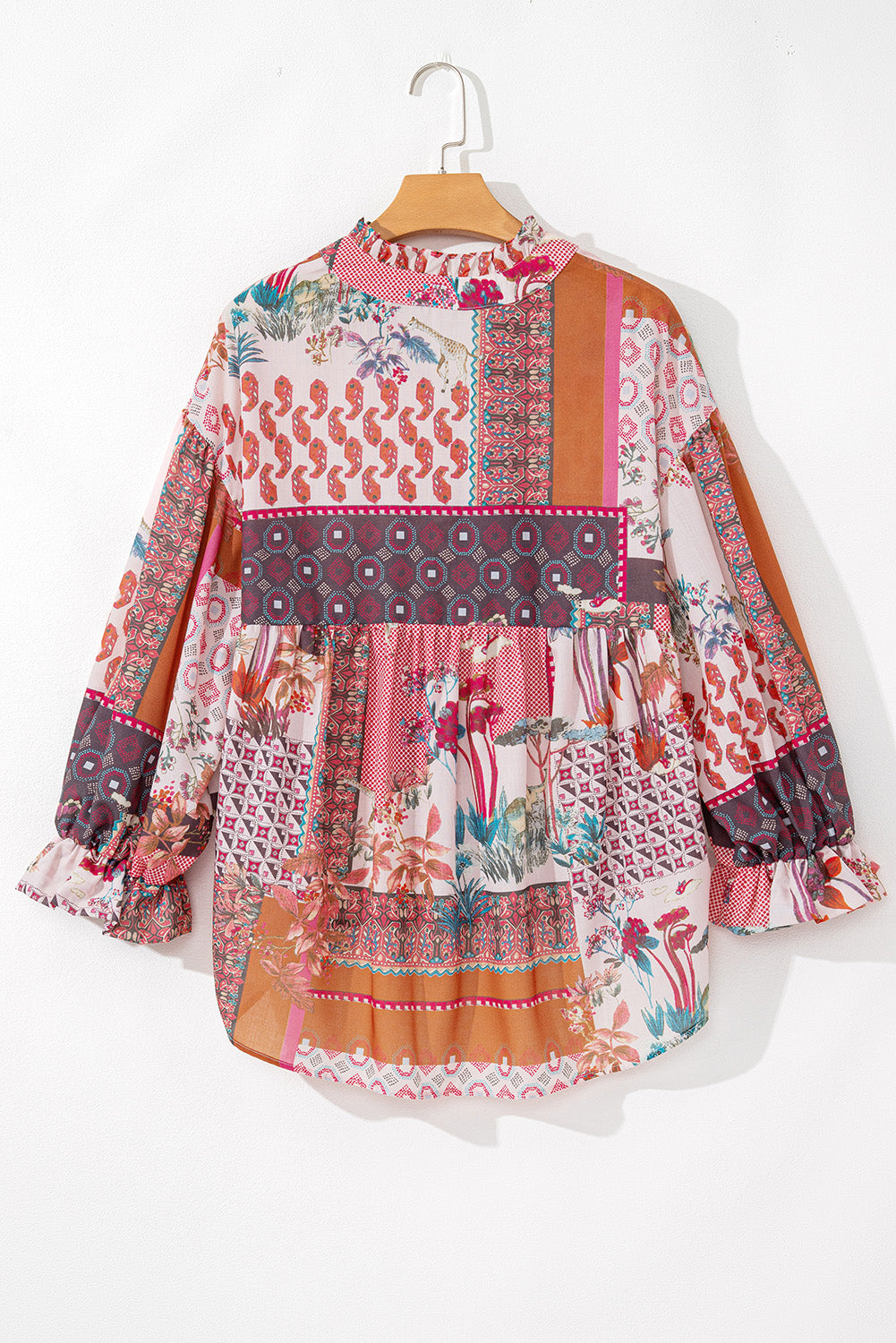 Boho Geometric Mixed Print Patchwork Bubble Sleeve Shirt | Red