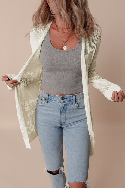 Solid Colour Lightweight Open Knit Tunic Cardigan | White