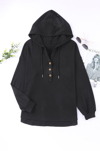 Buttoned High And Low Hem Hoodie | Black