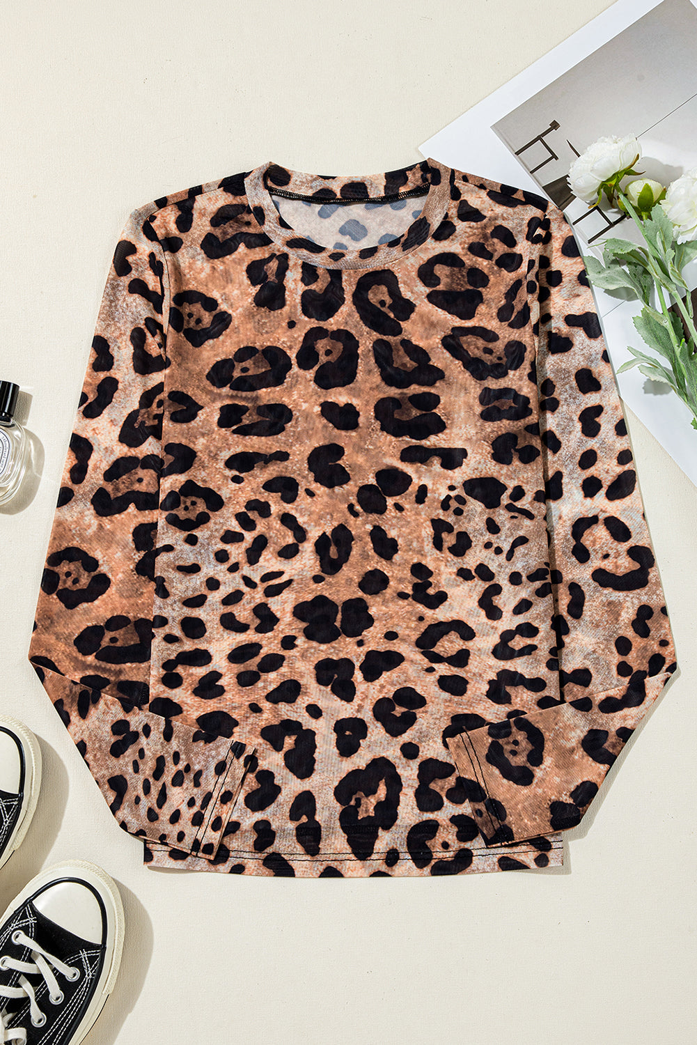 Leopard Round Neck Long Sleeve Slim Top | Brown