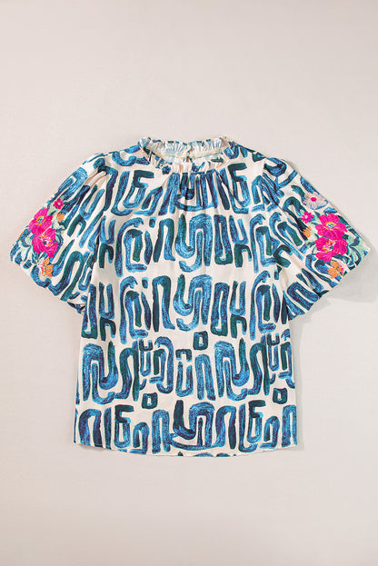 Plus Size Abstract Print Floral Embroidered Puff Sleeve Blouse | Sky Blue Stripe