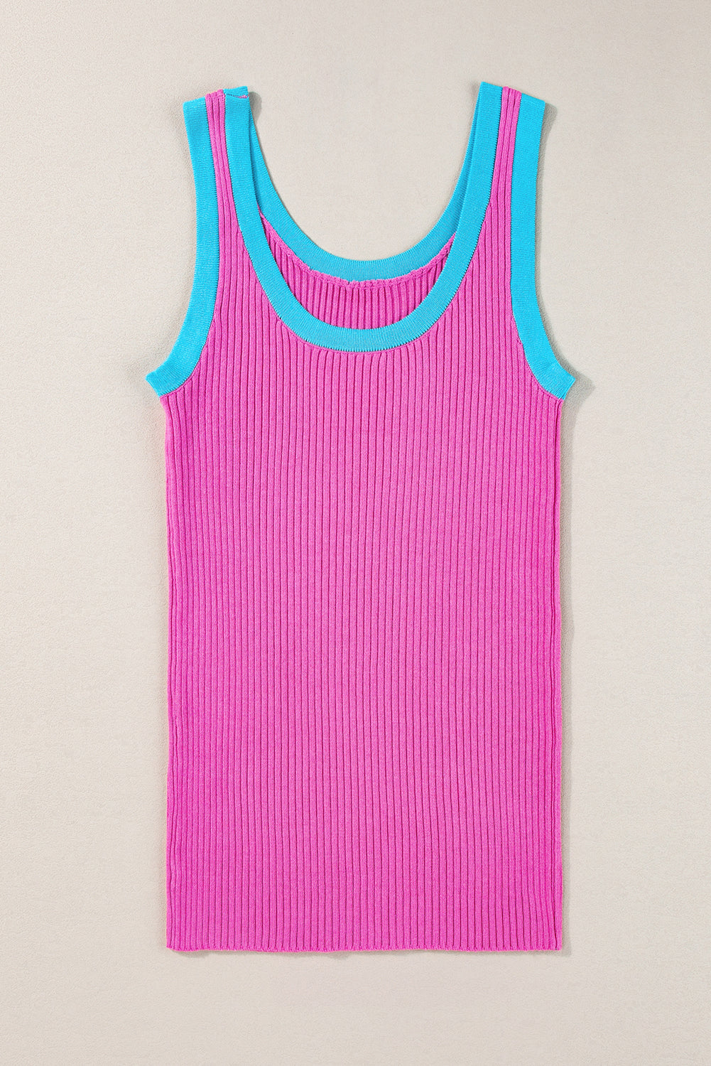 Colourblock Edge Ribbed Knit U Neck Tank Top | Bright Pink