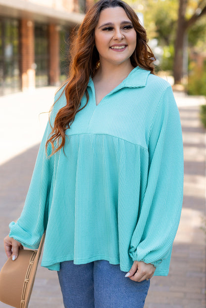 Cordrd Balloon Sleeve Collar Plus Babydoll Top | Turquoise