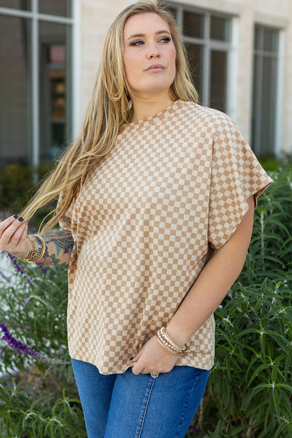 Checkerboard Short Batwing Sleeve Round Neck Plus Size T Shirt | Khaki