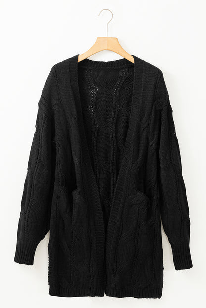 Ribbed Trim Eyelet Cable Knit Cardigan | Black