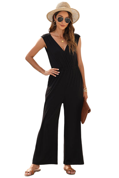 Deep V Pleated Crisscross Wide Leg Backless Jumpsuit | Black