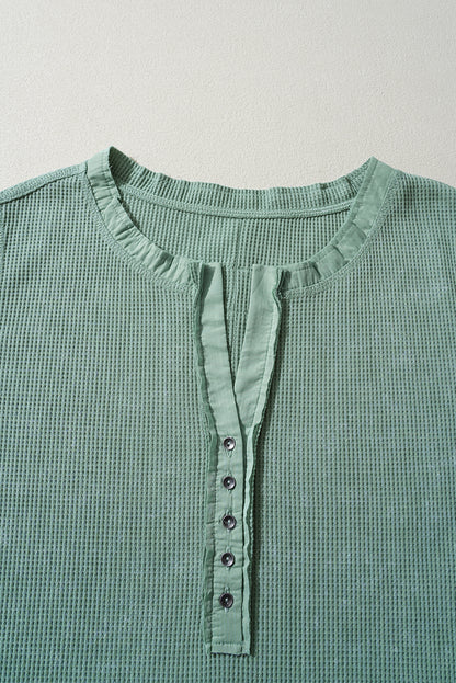 Acid Wash Waffle Knit Buttoned Neckline Long Sleeve Top | Smoke Green