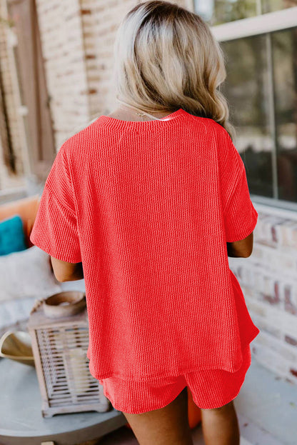 Ribbed Textured Knit Loose Fit Tee And Shorts Set | Orange