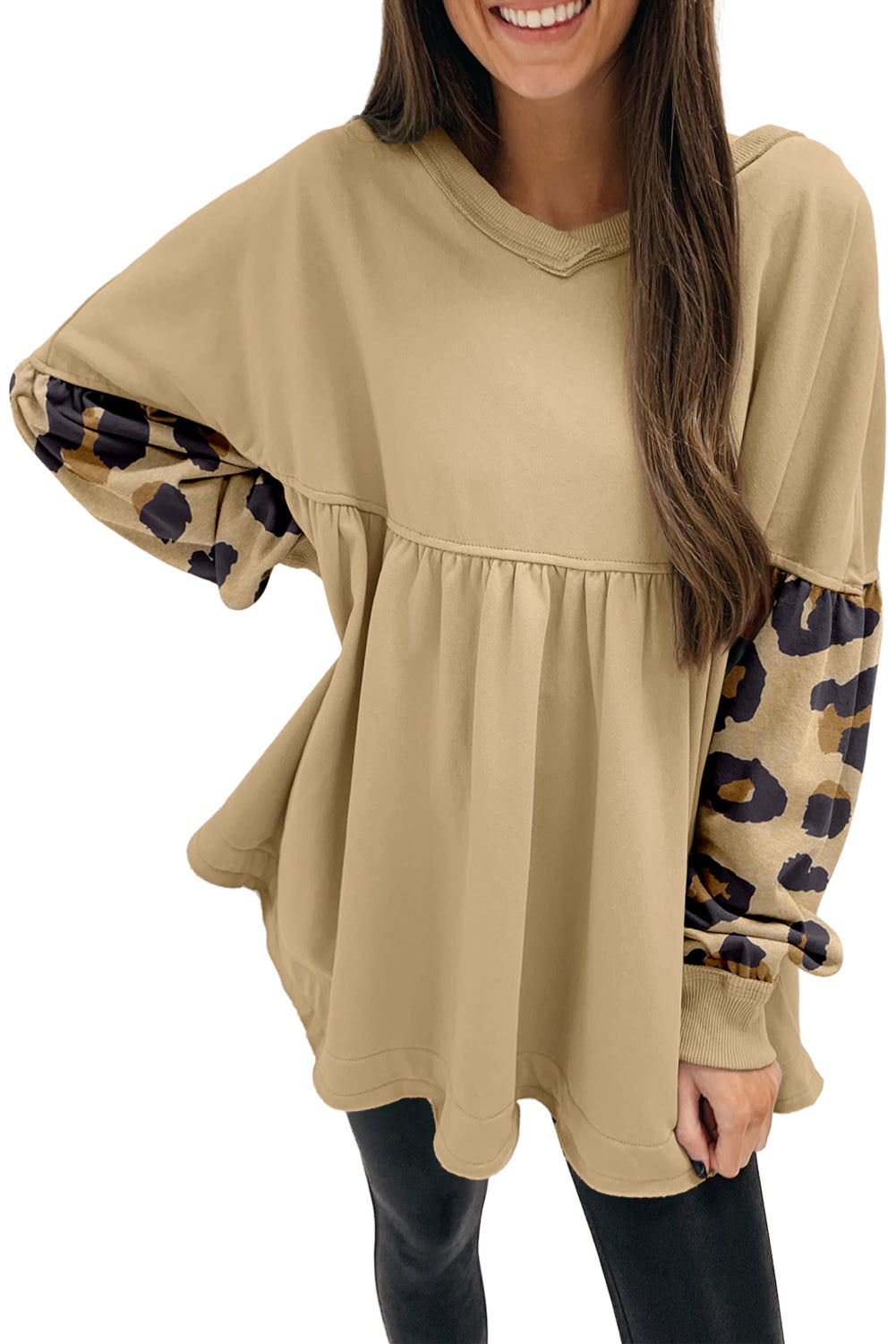 Leopard Splicing Sleeve Ruffle Loose Sweatshirt | Khaki