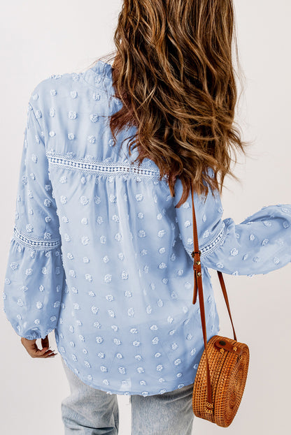 Blue Ruffled Split Neck Lace Hollow Out Puff Sleeve Polka Dot Blouse | Sky Blue