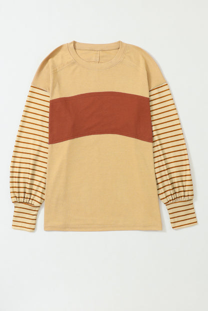 Light French Beige Colourblock Striped Bishop Sleeve Top | Flaxen