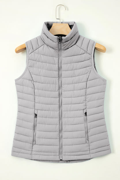 Plush Collared Quilted Zipped Puffer Vest | Silvery