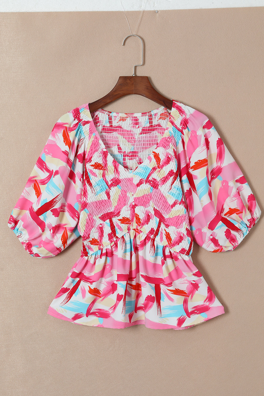 Abstract Print Puff Sleeve Peplum Top | Pink