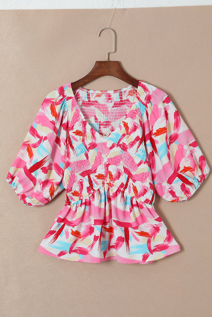 Abstract Print Puff Sleeve Peplum Top | Pink