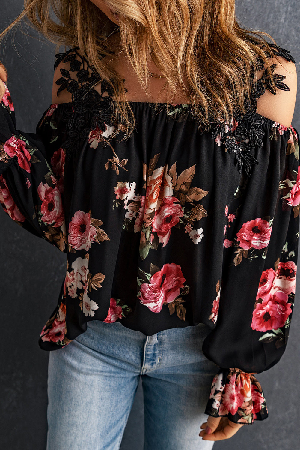 Floral Print Lace Patchwork Loose Cold Shoulder Blouse | Black