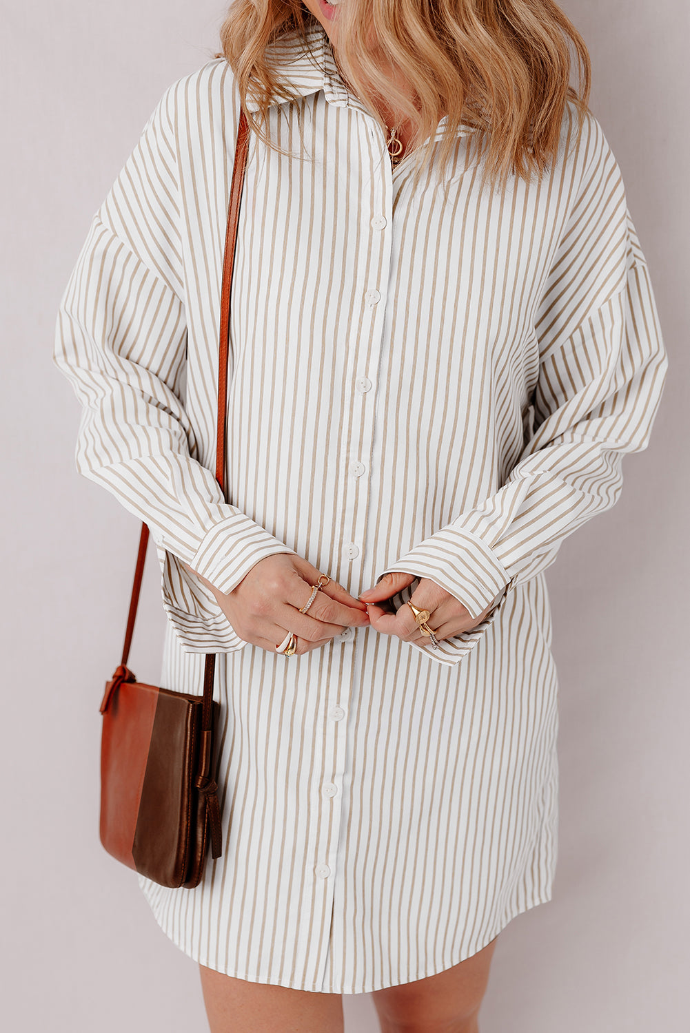 Long Sleeve Button Up Mini Shirt Dress | Khaki Stripe