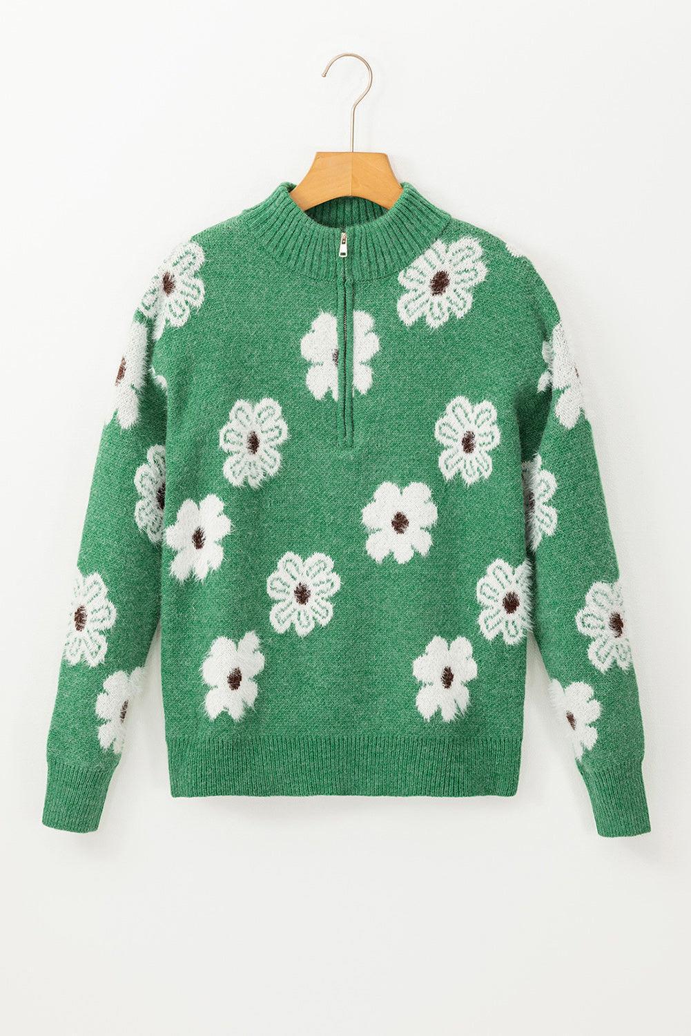 Floral Pattern Half Zip Drop Shoulder Sweater | Green