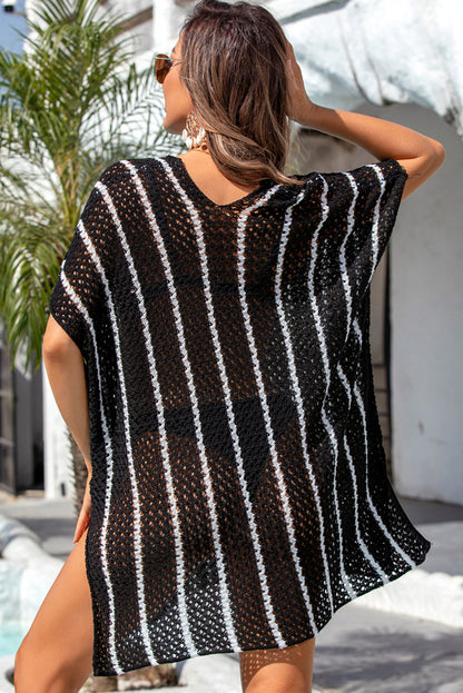 Striped Crochet Loose Fit V Neck Beach Cover Up | Black